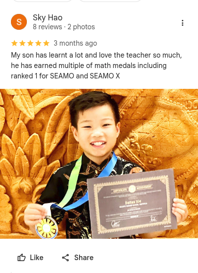 A Google review of a 'Sky Hao', applauding a math olympiad tuition centre for helping their son ace the SEAMO