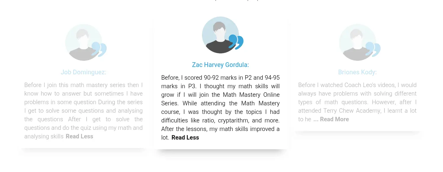 List of testimonials found on the Terry Chew website, indicating personal stories by the students