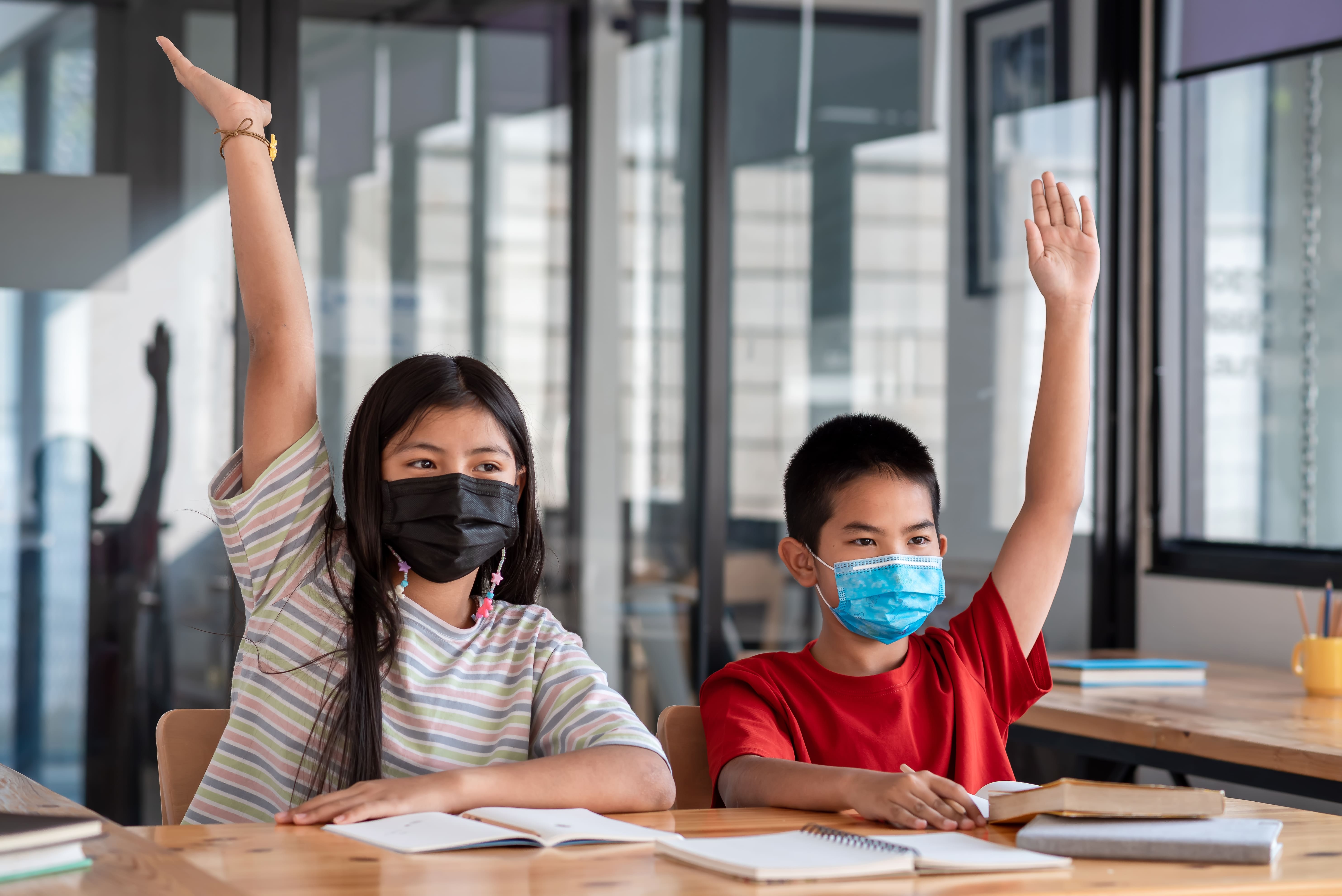 Two students in a classroom raising their hands as they participate in their lesson discussion.